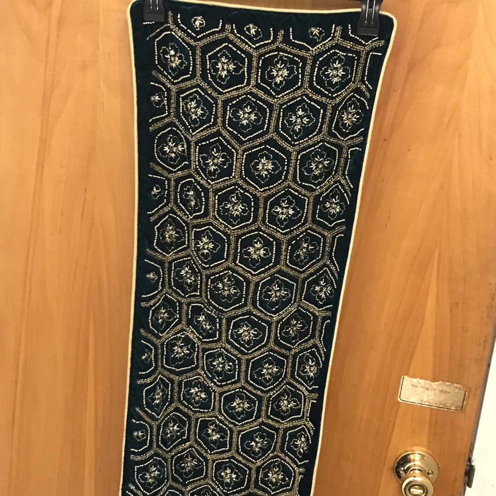 Tahari home- gold beaded green velvet table runner